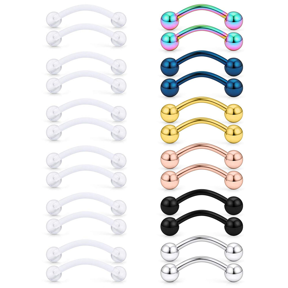 Eyebrow Curved Barbell - 16G acrylique transparent Bioflex acier inoxydable